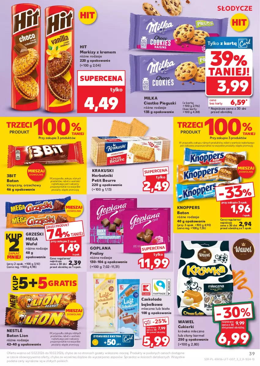 Gazetka promocyjna Kaufland - Gazetka tygodnia - ważna 05.02 do 10.02.2026 - strona 39 - produkty: Baton, Ciastka, Cukier, Cukierki, Czekolada, Goplana, Gra, Grześki, Herbatniki, Herbatniki Petit Beurre, Knoppers, Krakus, Krakuski, LANA, Lion, Milka, Nestlé, Por, Praliny, Wawel