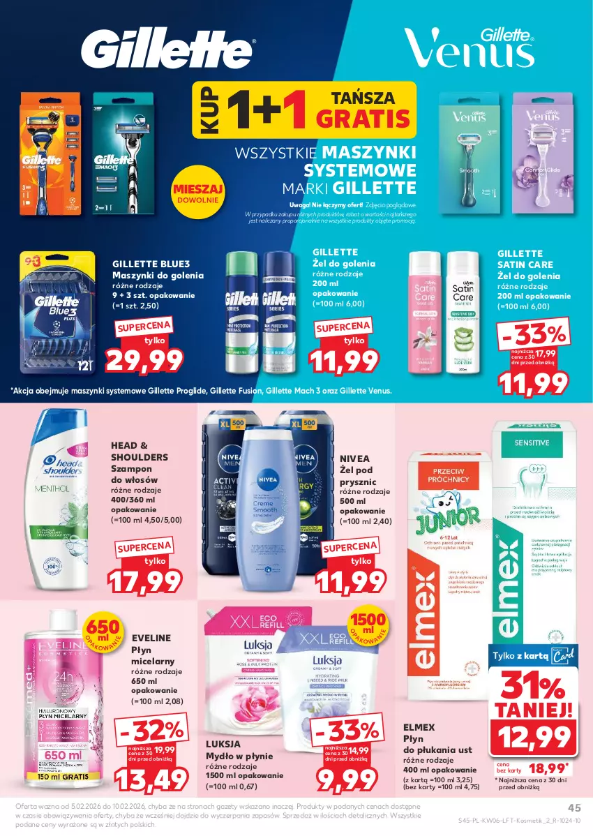 Gazetka promocyjna Kaufland - Gazetka tygodnia - ważna 05.02 do 10.02.2026 - strona 45 - produkty: Elmex, Eveline, Fusion, Gillette, Gillette Venus, Gra, Luksja, Mydło, Mydło w płynie, Nivea, Płyn do płukania, Płyn micelarny, Por, Sati, Szampon, Venus, Waga