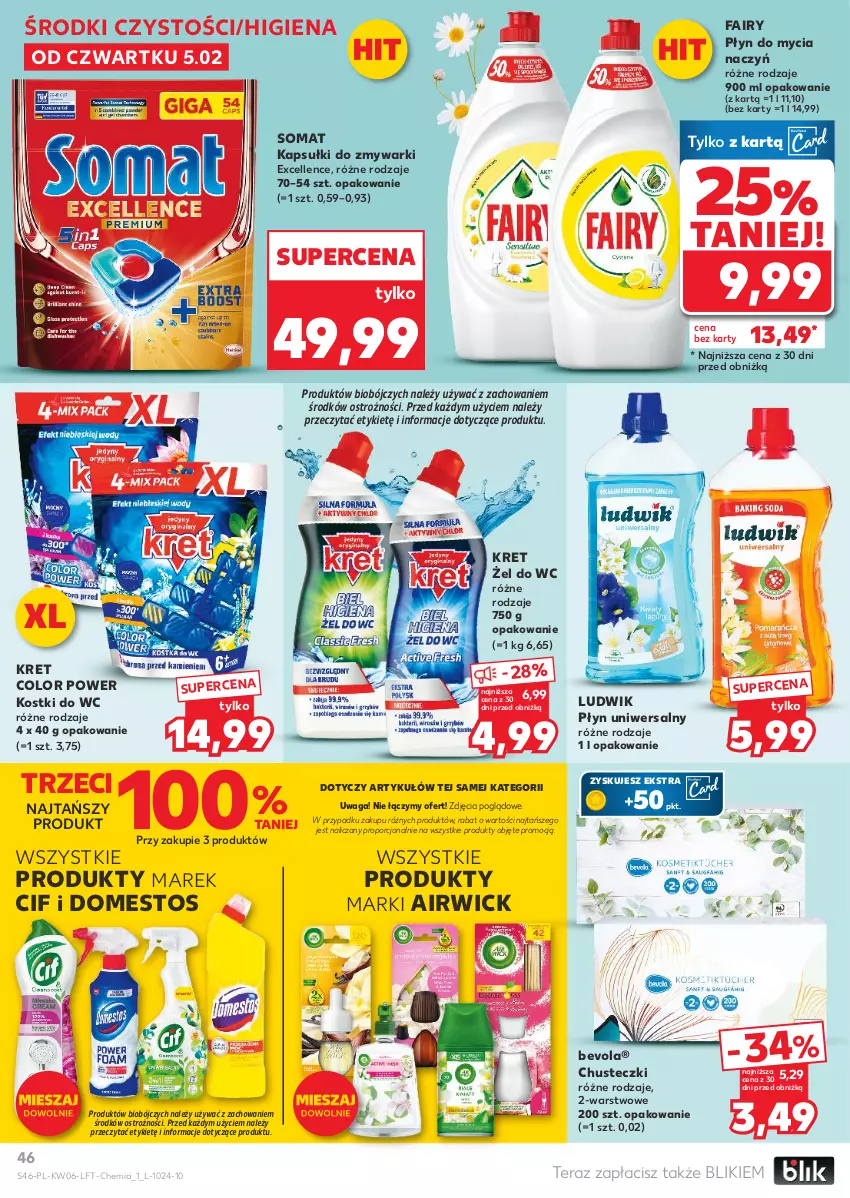 Gazetka promocyjna Kaufland - Gazetka tygodnia - ważna 05.02 do 10.02.2026 - strona 46 - produkty: Chusteczki, Cif, Do mycia naczyń, Domestos, Fa, Fairy, Kret, Ludwik, Płyn do mycia, Płyn do mycia naczyń, Por, Somat, Tera, Waga, Zmywarki