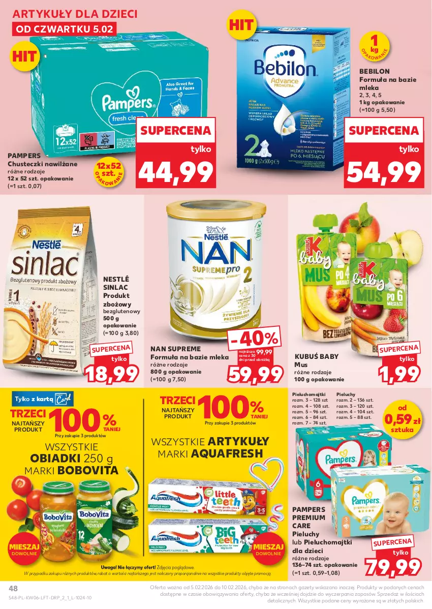 Gazetka promocyjna Kaufland - Gazetka tygodnia - ważna 05.02 do 10.02.2026 - strona 48 - produkty: Aquafresh, BEBILON, BoboVita, Chusteczki, Dzieci, Kubuś, Majtki, Mus, Nestlé, Pampers, Pieluchomajtki, Pieluchy, Por, Sinlac, Waga