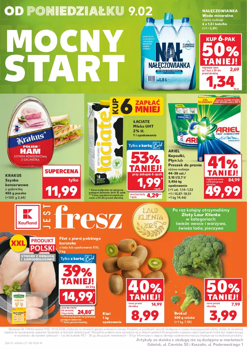 Gazetka promocyjna Kaufland - Gazetka tygodnia - ważna 05.02 do 10.02.2026 - strona 54 - produkty: Ariel, Gala, Kiwi, Kosz, Krakus, Kurczak, Laur, Mleko, Nałęczowianka, Olej, Owoce, Piec, Pieczywo, Proszek do prania, Ser, Sok, Szal, Szynka, Szynka konserwowa, Warzywa, Woda, Woda mineralna