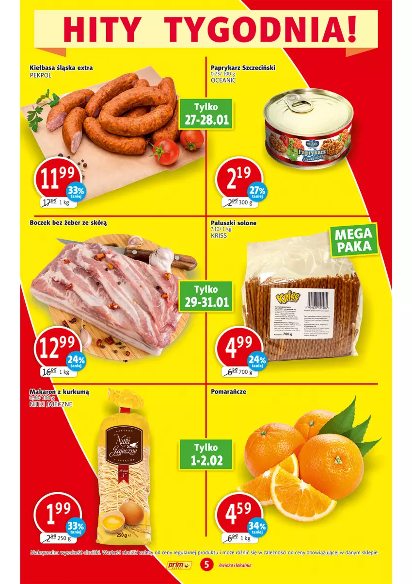 Gazetka promocyjna Prim Market - Gazetka - ważna 27.02 do 01.02.2022 - strona 5 - produkty: Boczek, Kiełbasa, Kiełbasa śląska, Makaron, Papryka, Paprykarz, Paprykarz szczeciński, Pekpol, Pomarańcze, Sok