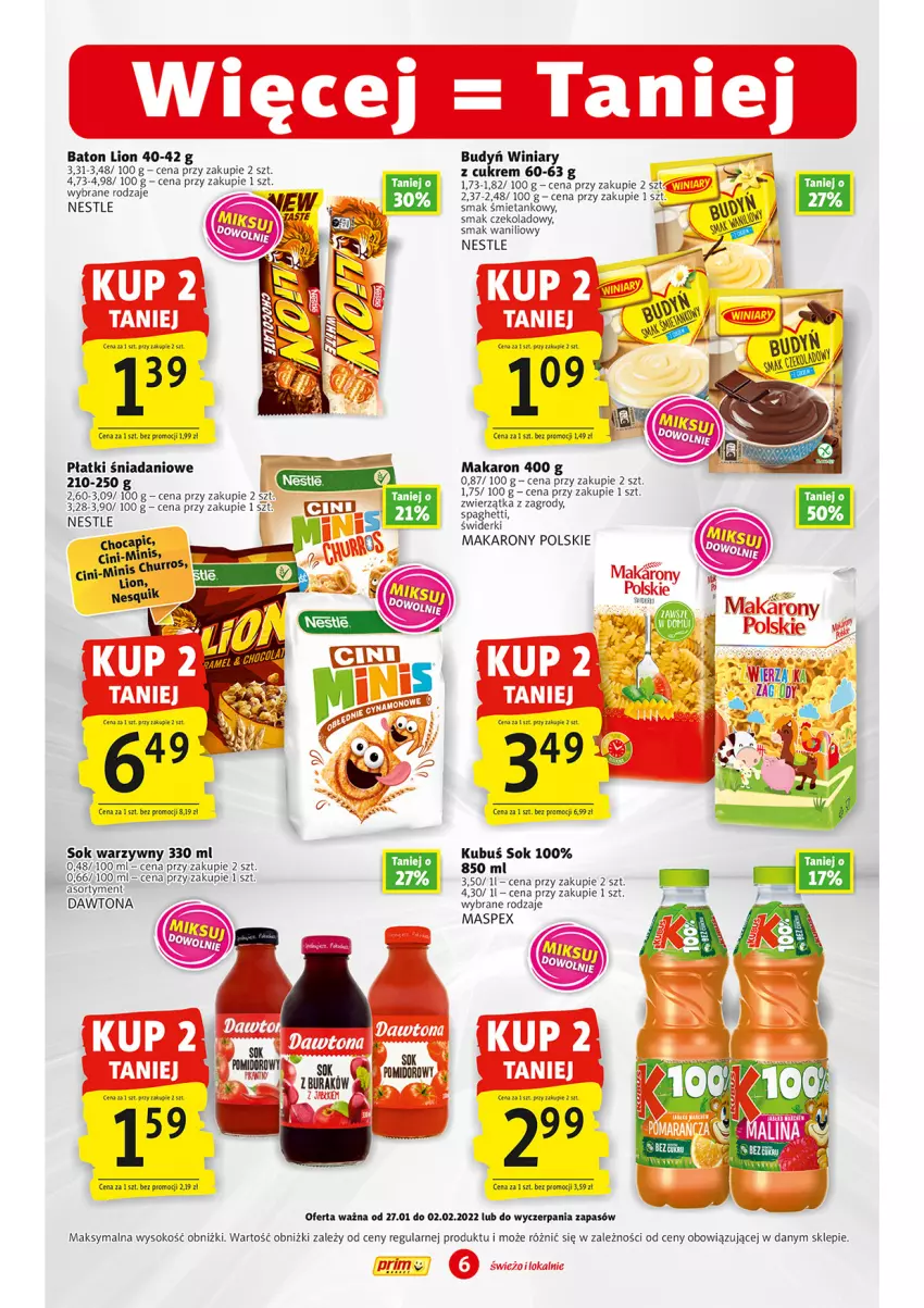 Gazetka promocyjna Prim Market - Gazetka - ważna 27.02 do 01.02.2022 - strona 6 - produkty: Baton, Budyń, Danio, Dawtona, Gra, Kubuś, Lion, Makaron, Nesquik, Sok, Winiary