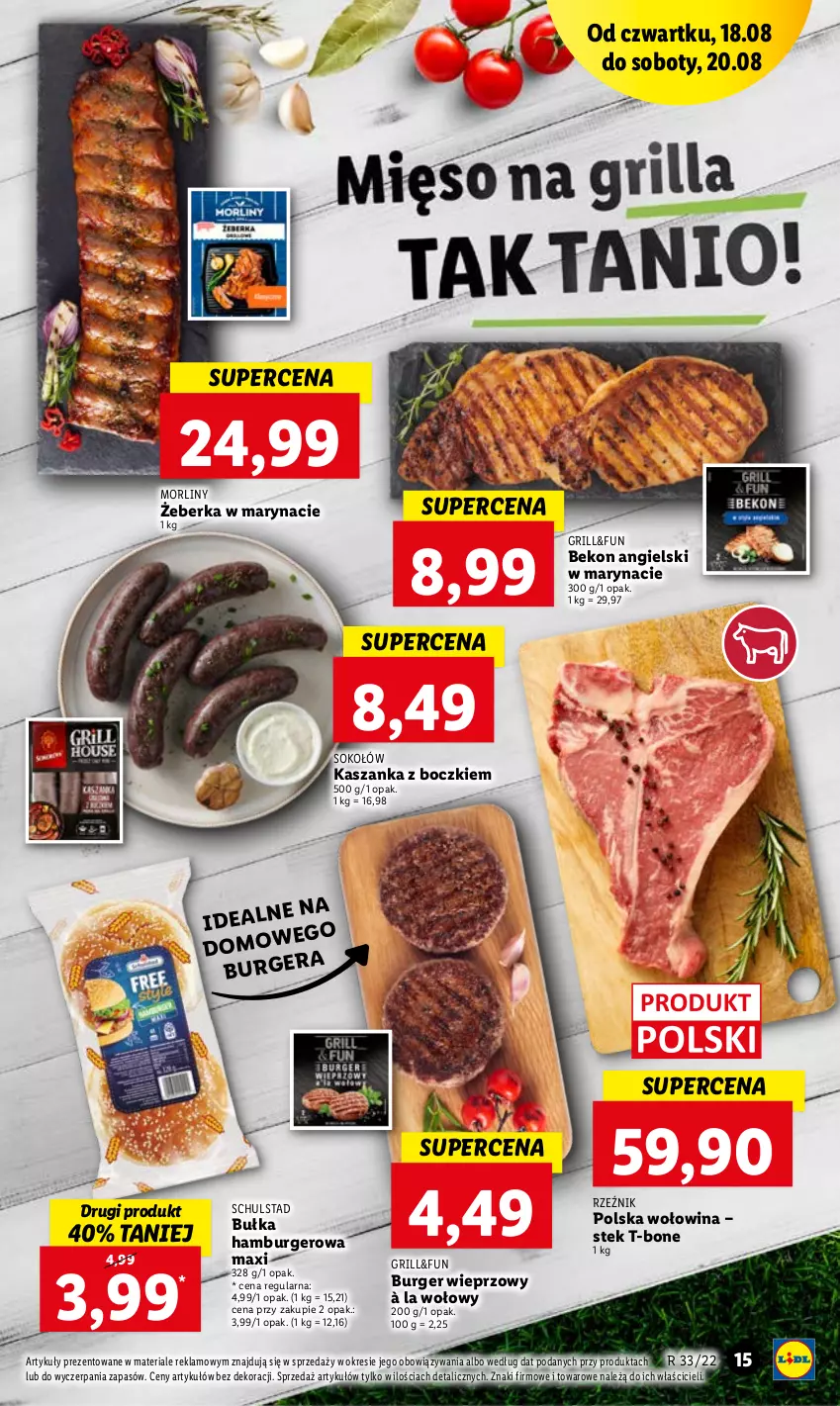 Gazetka promocyjna Lidl - GAZETKA - ważna 18.08 do 20.08.2022 - strona 15 - produkty: Beko, Bułka, Bułka hamburger, Burger, Grill, Hamburger, Kasza, Kaszanka, Morliny, Sok, Sokołów, Stek, Wołowina