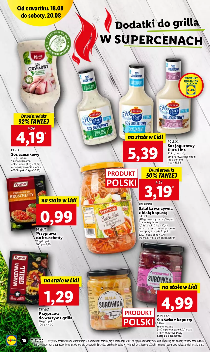 Gazetka promocyjna Lidl - GAZETKA - ważna 18.08 do 20.08.2022 - strona 18 - produkty: Gin, Grill, Jogurt, Kapustą, Lazur, Prymat, Pur, Runoland, Sałat, Sałatka, Sałatka warzywna, Sos, Sos czosnkowy, Surówka