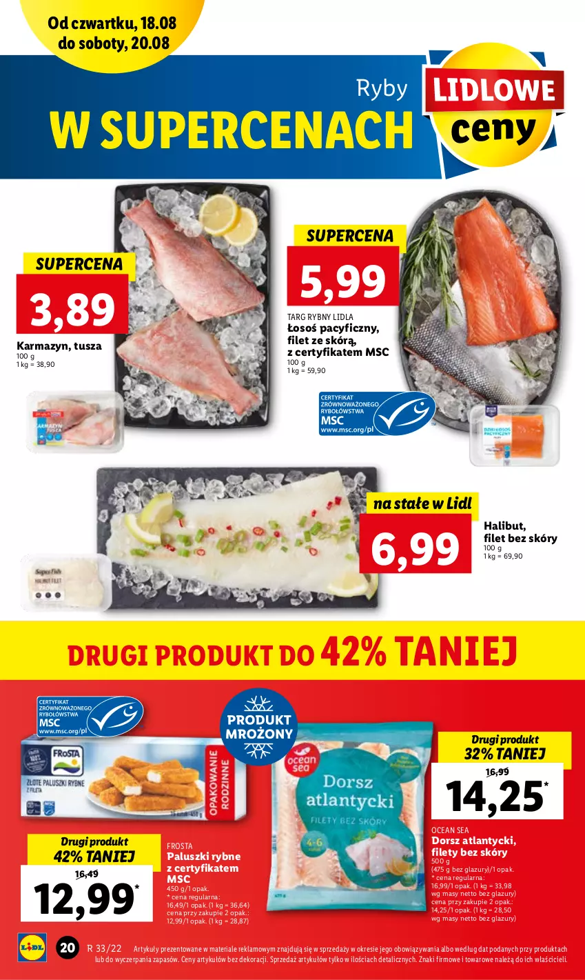 Gazetka promocyjna Lidl - GAZETKA - ważna 18.08 do 20.08.2022 - strona 20 - produkty: Dorsz, Frosta, Halibut, Lazur, Paluszki rybne, Tusz