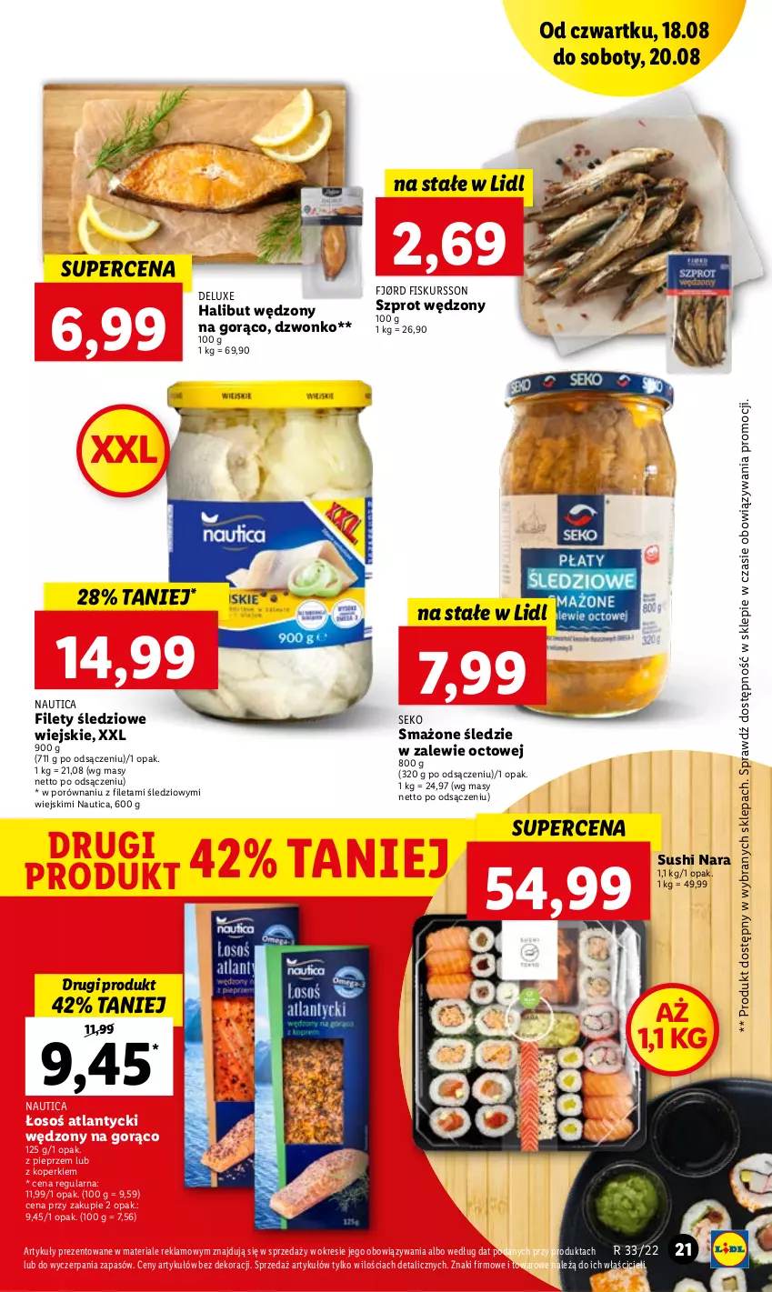 Gazetka promocyjna Lidl - GAZETKA - ważna 18.08 do 20.08.2022 - strona 21 - produkty: Halibut, Lazur, Pieprz, Por, SEKO, Sushi, Szprot