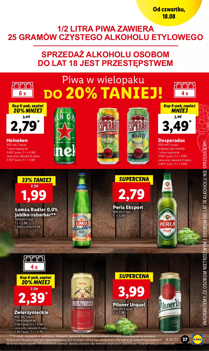 Gazetka promocyjna Lidl - GAZETKA - ważna 18.08 do 20.08.2022 - strona 37 - produkty: Desperados, Gin, Gra, Heineken, Perła, Piwa, Por, Radler, Sport