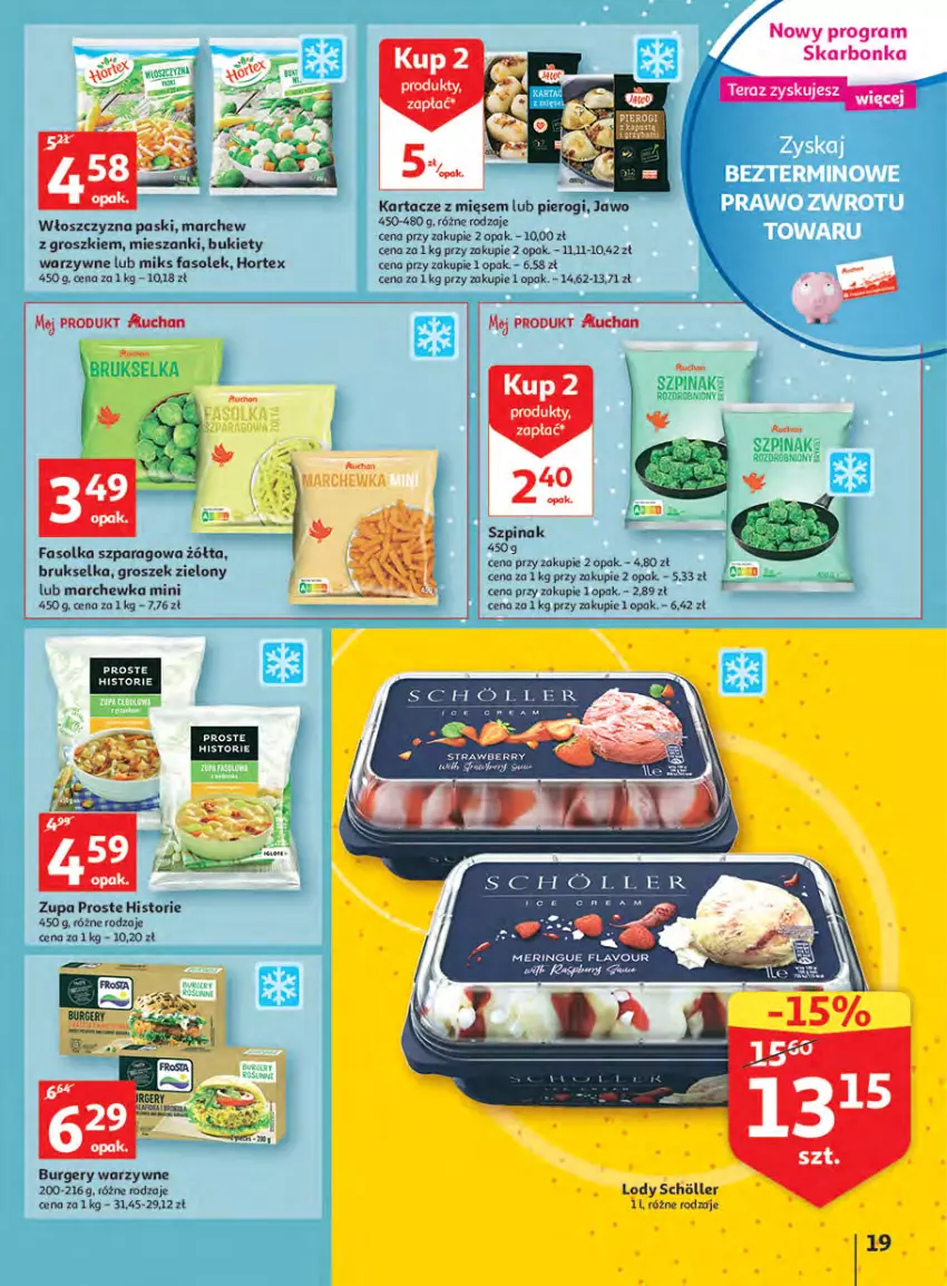 Gazetka promocyjna Auchan - Megapromocje są w cenie Hipermarkety - ważna 12.05 do 18.05.2022 - strona 19 - produkty: Brukselka, Bukiet, Burger, Fa, Gra, Groszek, Hortex, Lody, Marchewka, Okap, Pierogi, Szpinak, Zupa