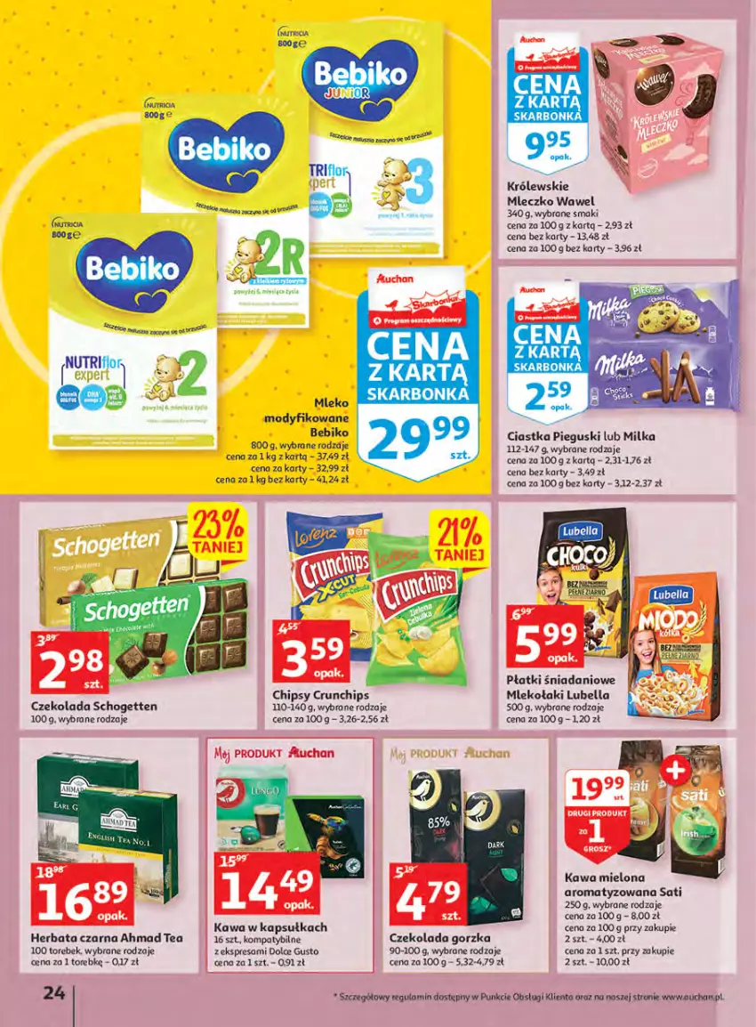 Gazetka promocyjna Auchan - Megapromocje są w cenie Hipermarkety - ważna 12.05 do 18.05.2022 - strona 24 - produkty: Bebiko, Bell, Bella, Chipsy, Ciastka, Crunchips, Czekolada, Czekolada gorzka, Danio, Dolce Gusto, Herbata, Herbata czarna, Kawa, Kawa mielona, Królewski, Królewskie Mleczko, Lubella, Milka, Mleczko, Mleko, Mleko modyfikowane, Sati, Schogetten, Wawel