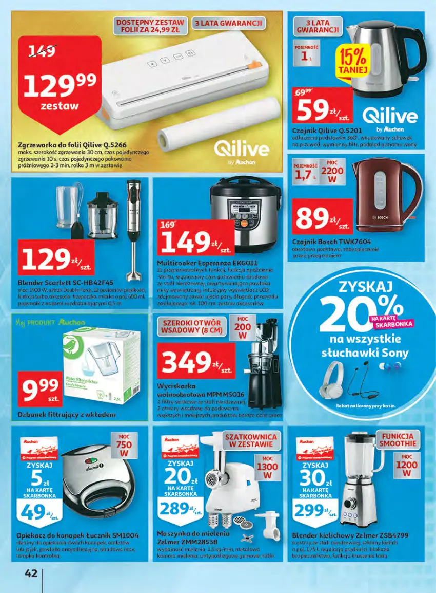 Gazetka promocyjna Auchan - Megapromocje są w cenie Hipermarkety - ważna 12.05 do 18.05.2022 - strona 42 - produkty: Blender, Bosch, Czajnik, Dzbanek, Dzbanek filtrujący, Gra, Maszynka, Maszynka do mielenia, Miarka, Noż, Opiekacz do kanapek, Piec, Pojemnik, Przewód, Smoothie, Szatkownica, Szynka, Trzepaczka, Warka, Wino, Wyciskarka, Zelmer