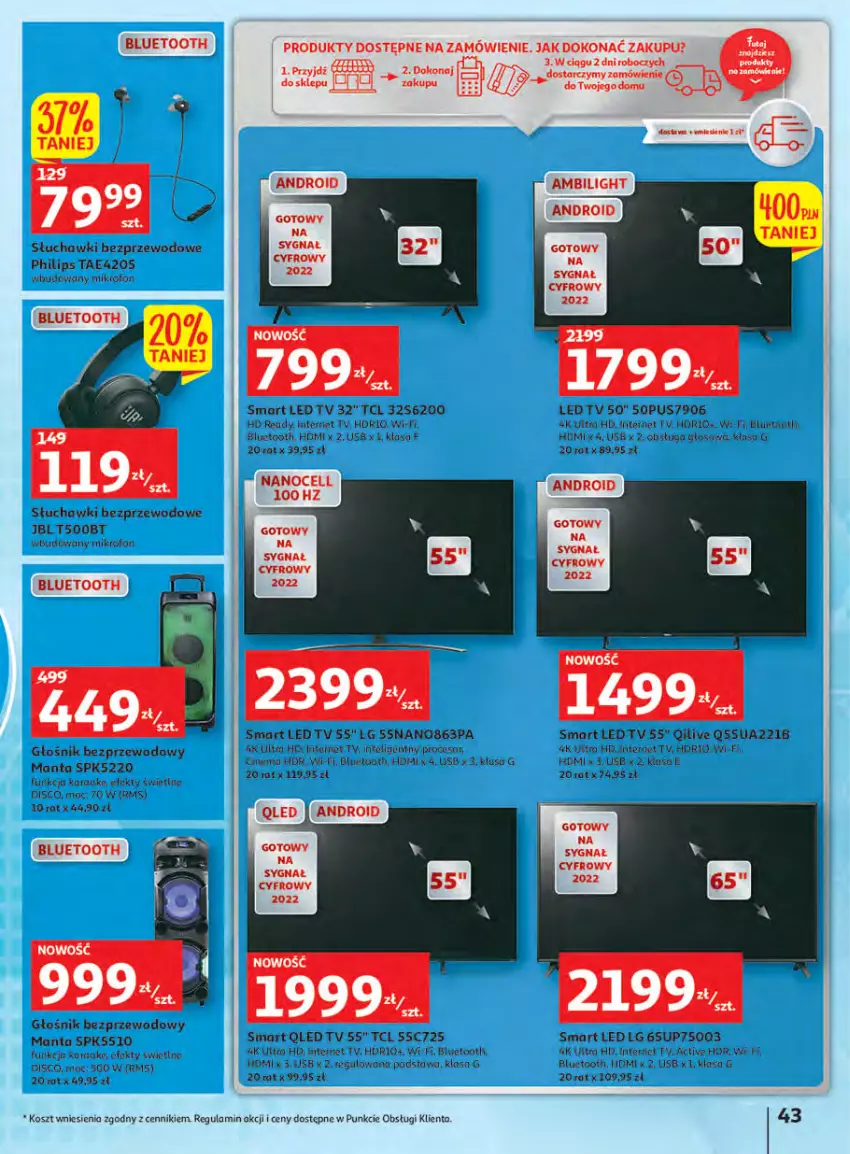 Gazetka promocyjna Auchan - Megapromocje są w cenie Hipermarkety - ważna 12.05 do 18.05.2022 - strona 43 - produkty: Głośnik, HP, JBL, Kosz, LED TV, LG, Manta, Mikrofon, Philips, Słuchawki, Słuchawki bezprzewodowe