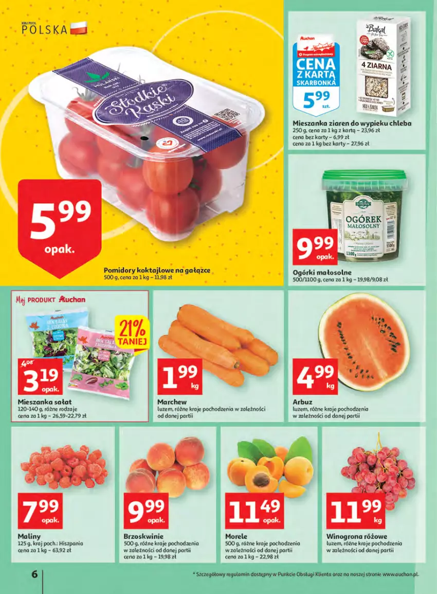 Gazetka promocyjna Auchan - Megapromocje są w cenie Hipermarkety - ważna 12.05 do 18.05.2022 - strona 6 - produkty: Arbuz, Brzoskwinie, Chleb, Maliny, Mieszanka sałat, Pomidory, Sałat, Wino, Winogrona