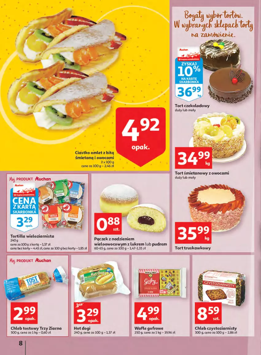 Gazetka promocyjna Auchan - Megapromocje są w cenie Hipermarkety - ważna 12.05 do 18.05.2022 - strona 8 - produkty: Chleb, Chleb tostowy, Hot dog, Pączek, Tort śmietanowy, Tortilla, Wafle