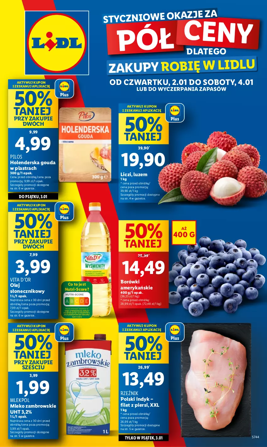 Gazetka promocyjna Lidl - GAZETKA - ważna 02.01 do 04.01.2025 - strona 1 - produkty: Gouda, Liczi, Mleko, Olej, Olej słonecznikowy, Pilos, Wazon