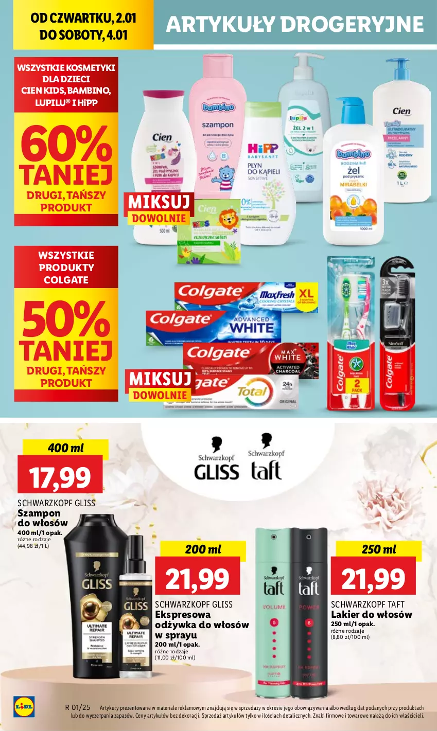 Gazetka promocyjna Lidl - GAZETKA - ważna 02.01 do 04.01.2025 - strona 38 - produkty: Colgate, Dzieci, HiPP, Kosmetyki dla dzieci, Lakier, Lakier do włosów, LG, Odżywka, Schwarzkopf, Szampon, Taft