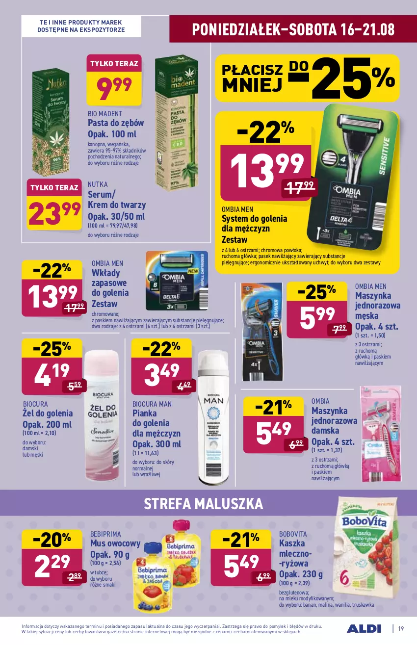 Gazetka promocyjna Aldi - ważna 16.08 do 21.08.2021 - strona 19 - produkty: Bebiprima, BoboVita, Fa, Krem do twarzy, Maszynka, Mus, Pasek, Pasta do zębów, Pianka do golenia, Prima, Rum, Ryż, Ser, Serum, Szynka, Tera