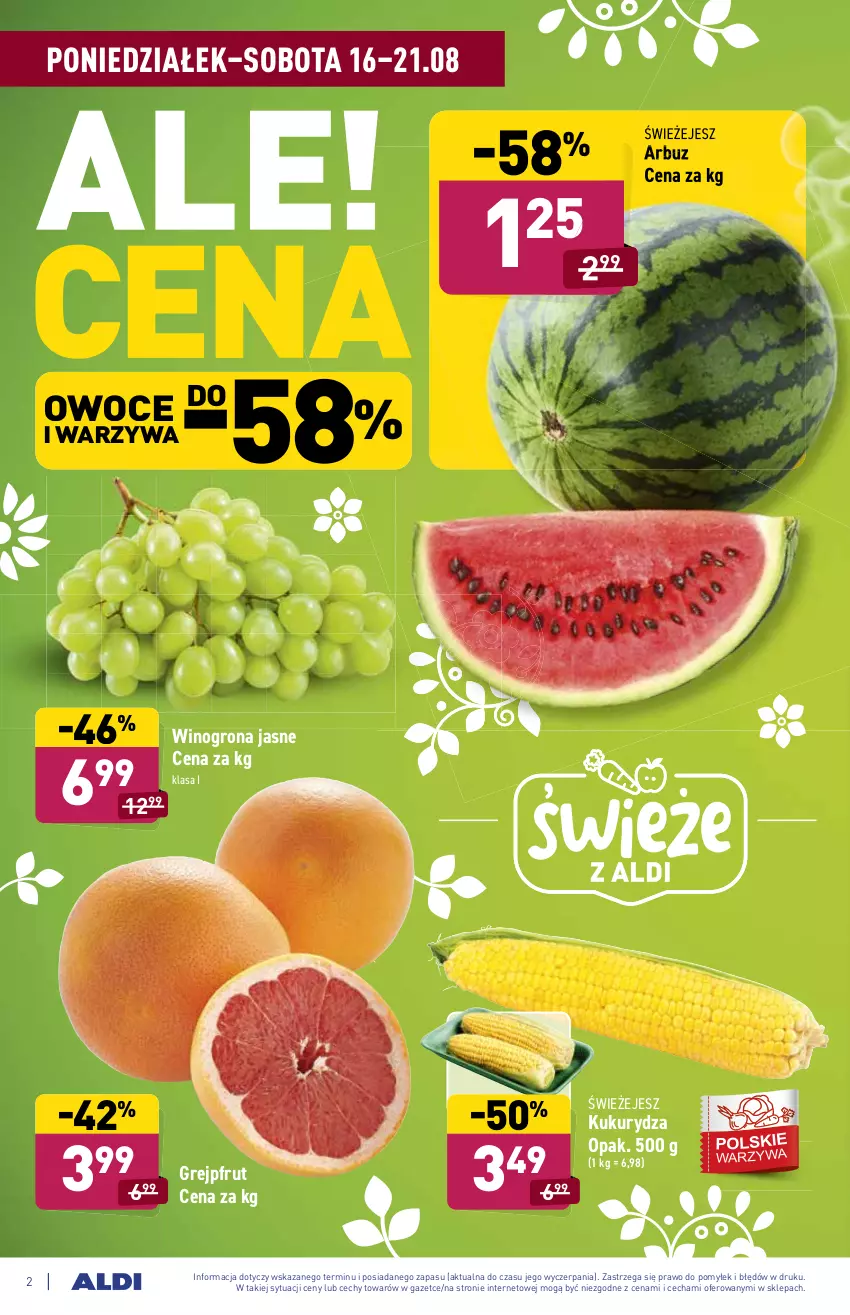 Gazetka promocyjna Aldi - ważna 16.08 do 21.08.2021 - strona 2 - produkty: Arbuz, Grejpfrut, Kukurydza, Owoce, Warzywa, Wino, Winogrona