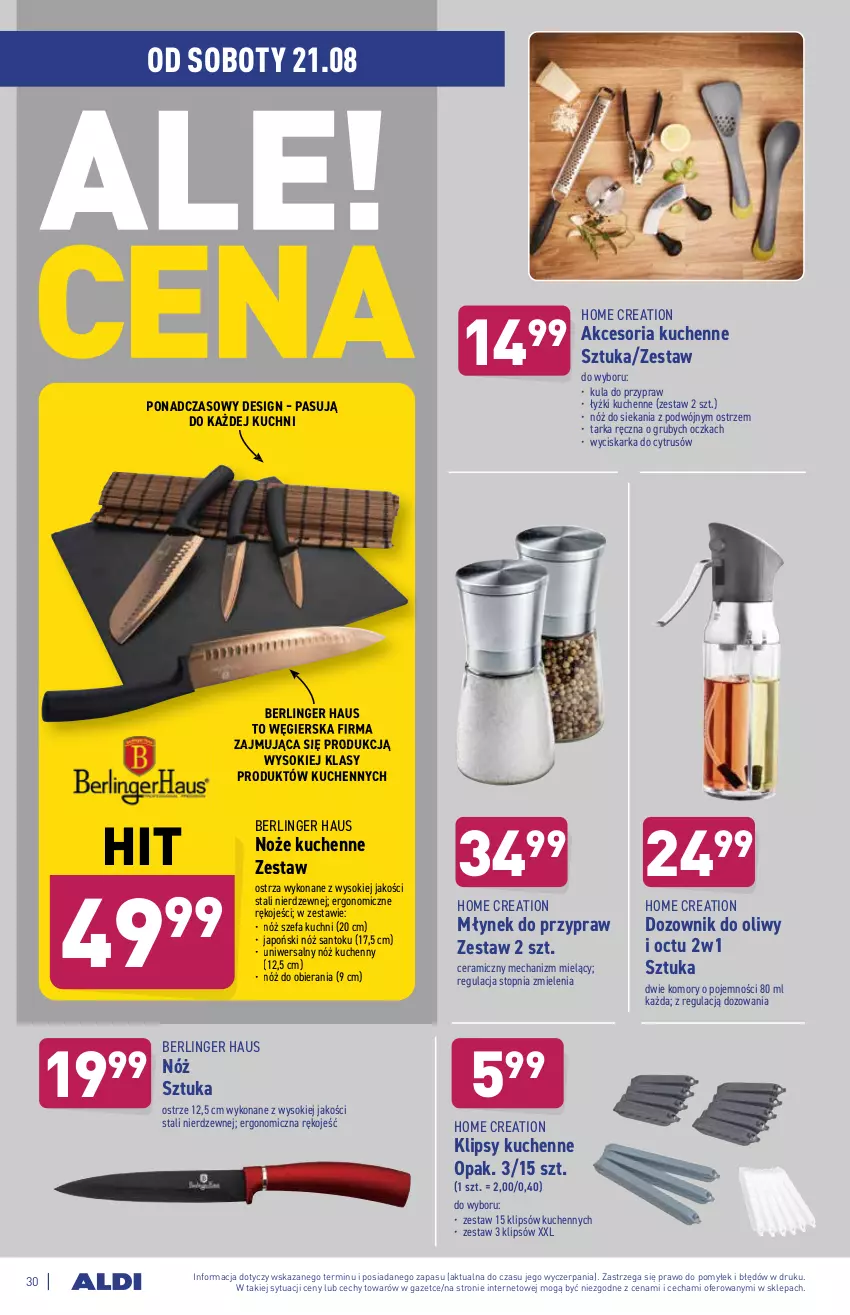 Gazetka promocyjna Aldi - ważna 16.08 do 21.08.2021 - strona 30 - produkty: Dozownik, Dozownik do oliwy i octu, Fa, Młynek, Noż, Nóż szefa kuchni, Sok, Tarka, Top, Wyciskarka