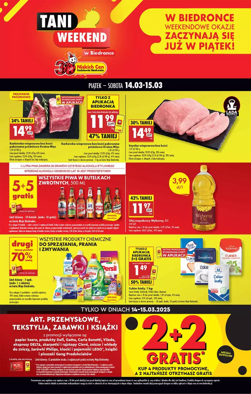 Gazetka promocyjna Biedronka - Tani Weekend - ważna 14.03 do 15.03.2025 - strona 1 - produkty: Cukier, Fa, Gra, Karkówka wieprzowa, Karp, Klocki, LEGO, Philips, Piwa, Pluszak, Pojemnik, Por, Rajstopy, Skarpetki, Top, Znicz