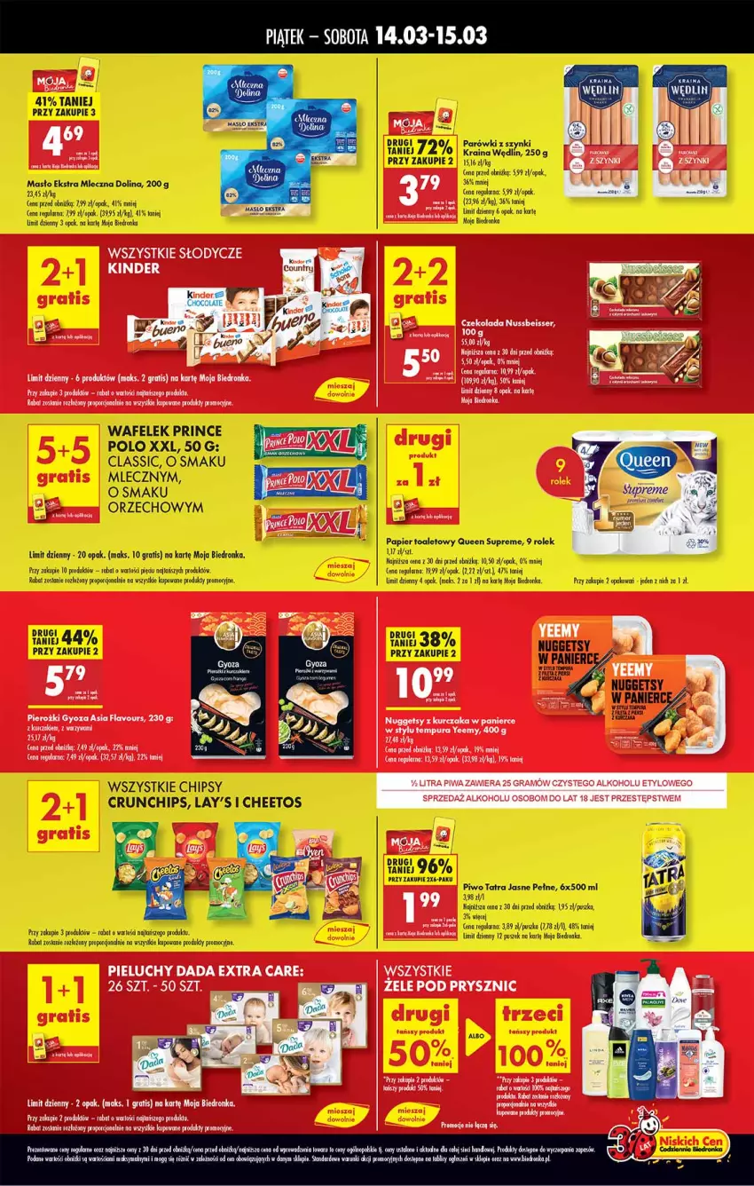 Gazetka promocyjna Biedronka - Tani Weekend - ważna 14.03 do 15.03.2025 - strona 2 - produkty: Cheetos, Chipsy, Crunchips, Dada, Gala, Gra, Kinder, Kurczak, LG, Papier, Papier toaletowy, Pieluchy, Piwa, Piwo, Por, Prince Polo, Pur, Tatra, Wafelek