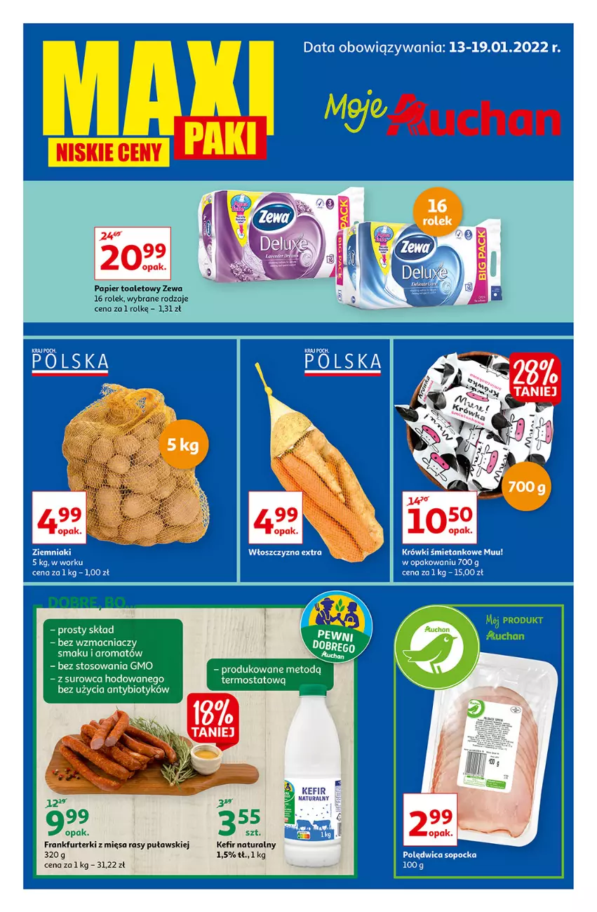 Gazetka promocyjna Auchan - Maxi Paki Niskie Ceny Moje Auchan - ważna 13.01 do 19.01.2022 - strona 1 - produkty: Frankfurterki, Kefir, Kefir naturalny, Papier, Papier toaletowy