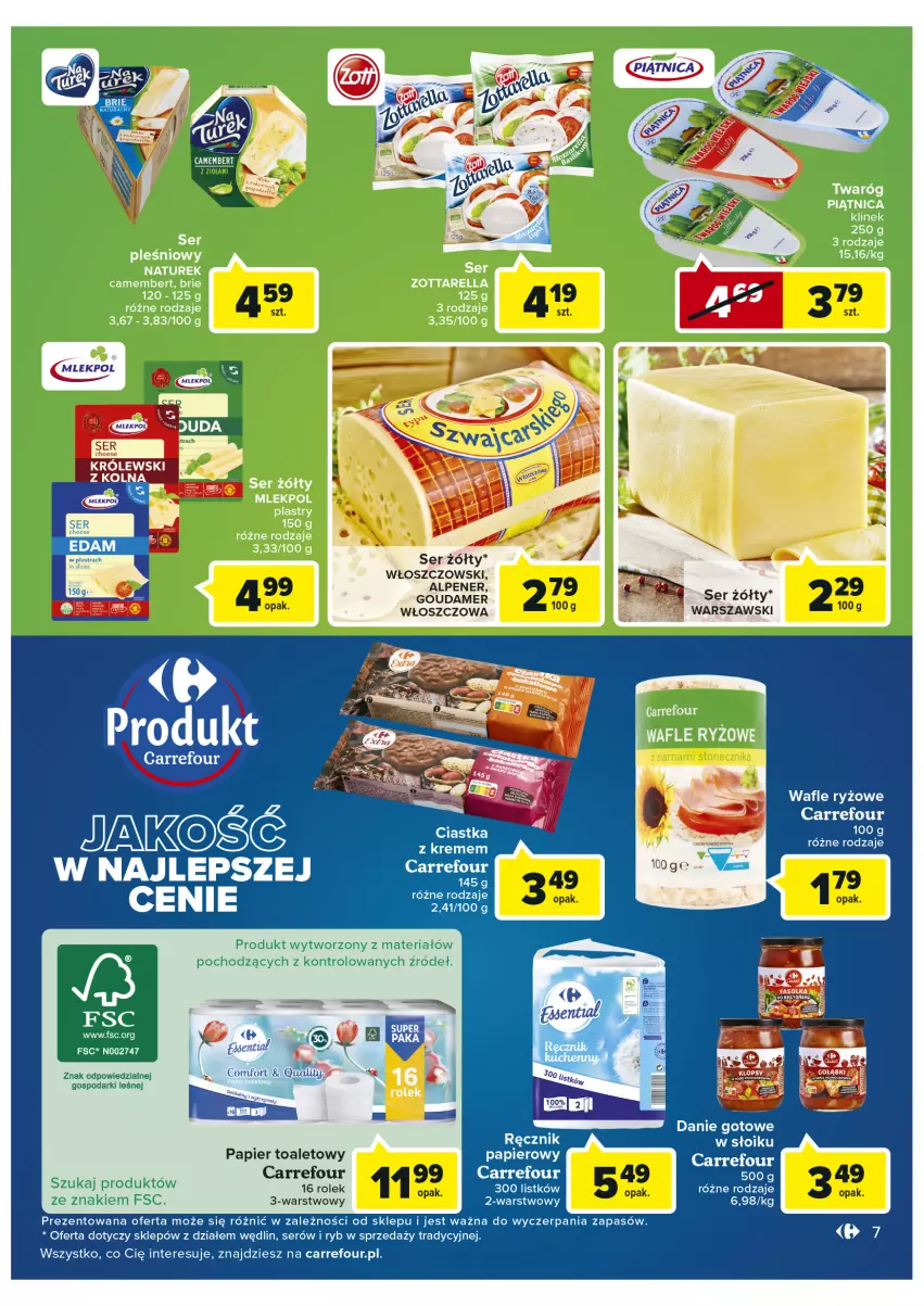 Gazetka promocyjna Carrefour - Gazetka Market - ważna 25.01 do 05.02.2022 - strona 7 - produkty: Brie, Camembert, Danie gotowe, Fa, Gouda, Królewski, NaTurek, Papier, Papier toaletowy, Piątnica, Ryż, Ser, Twaróg, Wafle, Włoszczowski, Zott, Zottarella