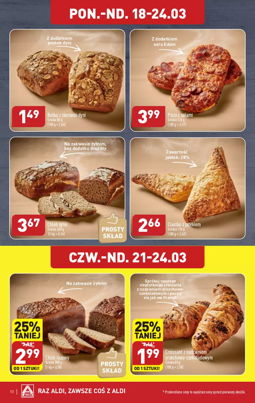 Gazetka promocyjna Aldi - Pełna oferta - ważna 18.03 do 24.03.2024 - strona 10 - produkty: Bułka, Chleb, Croissant, Edam, Pizza, Salami, Ser, Stek