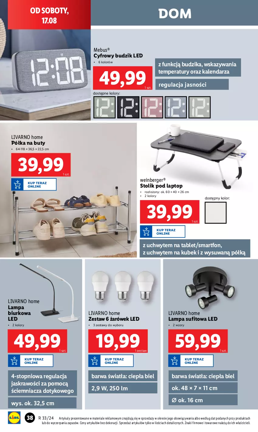 Gazetka promocyjna Lidl - GAZETKA - ważna 12.08 do 17.08.2024 - strona 40 - produkty: Biurko, Budzik, Buty, Ivar, Kalendarz, Kubek, Lampa, Lampa biurkowa, Lampa sufitowa, Półka, Smartfon, Stolik, Tablet, Top