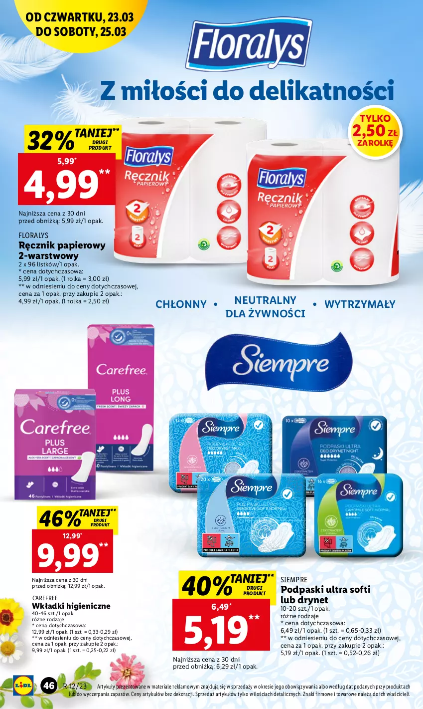 Gazetka promocyjna Lidl - GAZETKA - ważna 23.03 do 25.03.2023 - strona 54 - produkty: Carefree, Flora, Papier, Podpaski, Ręcznik, Wkładki