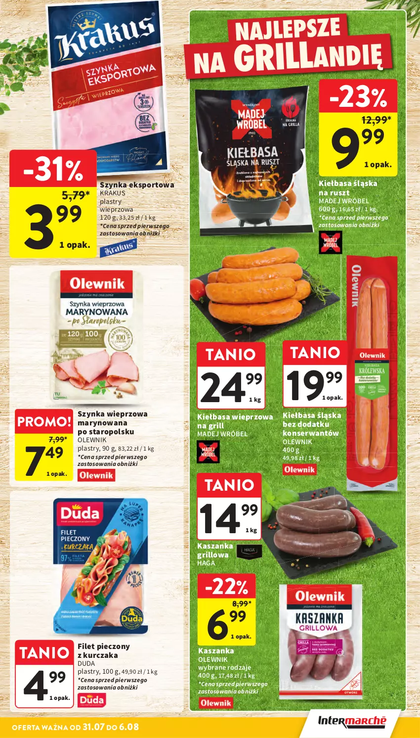 Gazetka promocyjna Intermarche - Gazetka promocyjna - ważna 31.07 do 06.08.2025 - strona 15 - produkty: Duda, Grill, Kasza, Kaszanka, Kiełbasa, Kiełbasa śląska, Krakus, Kurczak, Madej Wróbel, Olewnik, Piec, Por, Ser, Sport, Szynka, Szynka wieprzowa