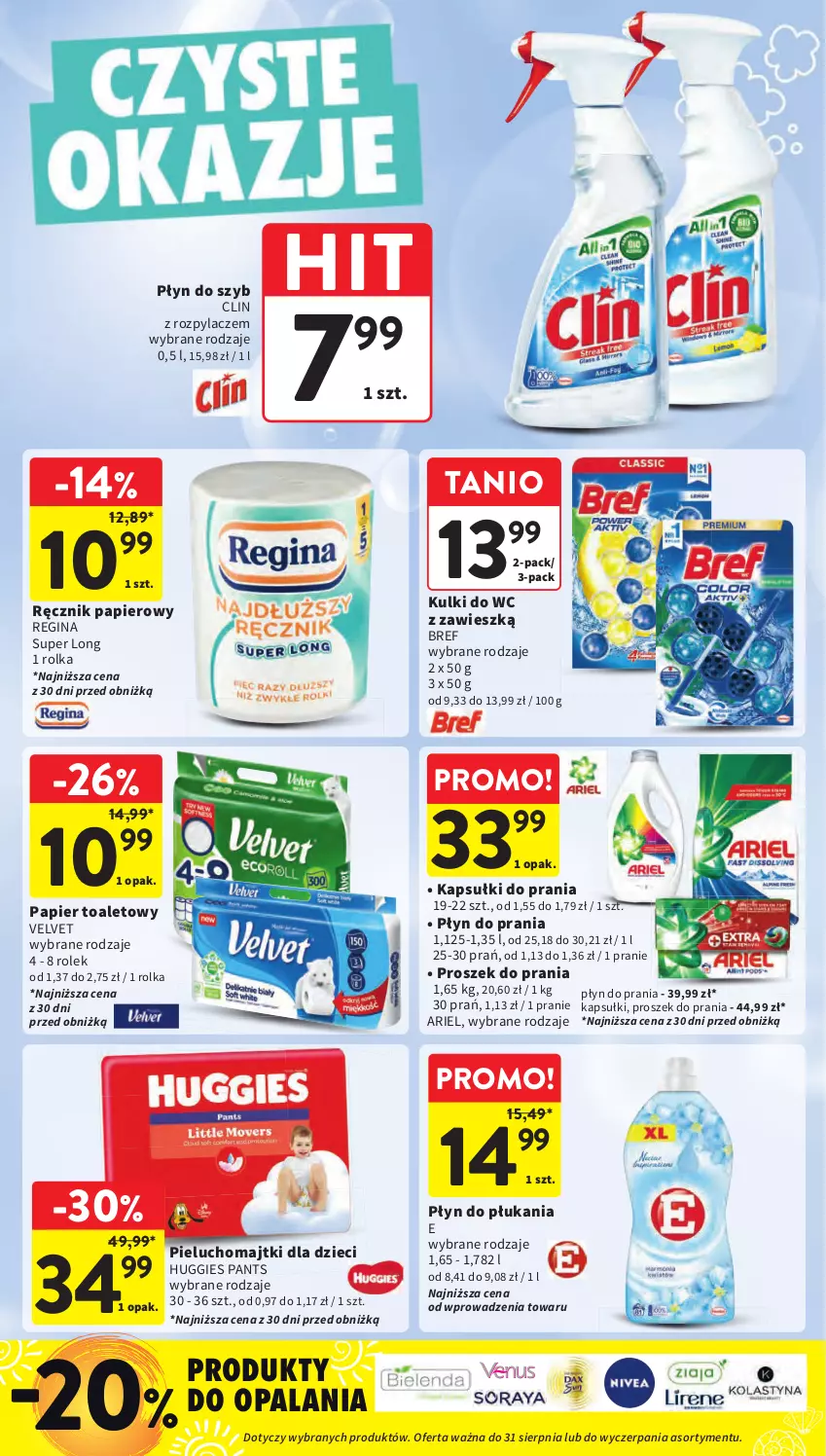 Gazetka promocyjna Intermarche - Gazetka promocyjna - ważna 31.07 do 06.08.2025 - strona 36 - produkty: Ariel, Bref, Clin, Dzieci, Gin, Huggies, Kapsułki do prania, Kulki do wc, Majtki, Papier, Papier toaletowy, Pieluchomajtki, Płyn do płukania, Płyn do prania, Płyn do szyb, Proszek do prania, Ręcznik, Velvet
