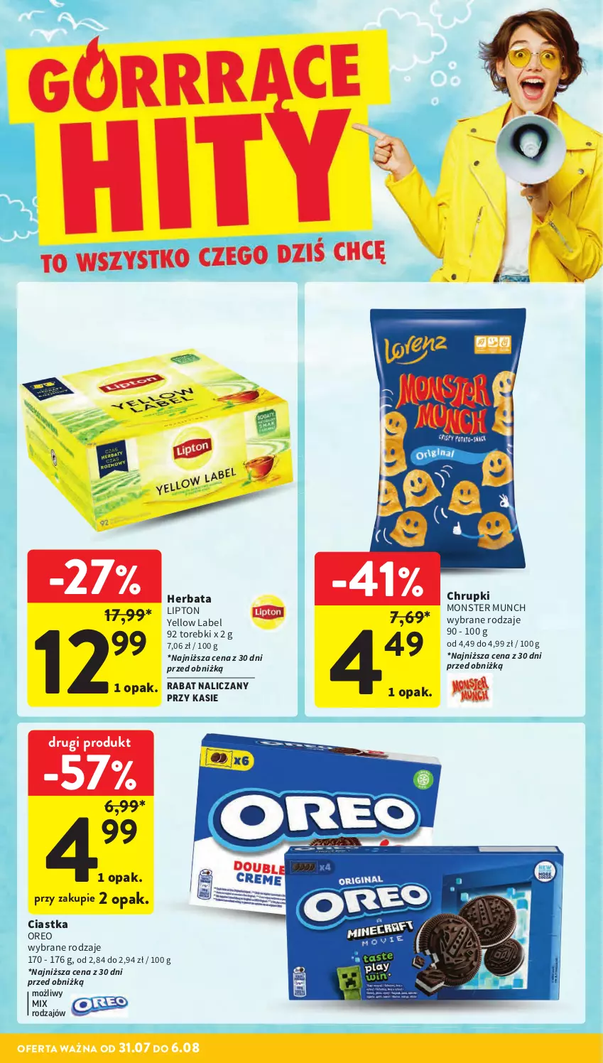 Gazetka promocyjna Intermarche - Gazetka promocyjna - ważna 31.07 do 06.08.2025 - strona 6 - produkty: Chrupki, Ciastka, Herbata, Lipton, Monster Munch, Oreo
