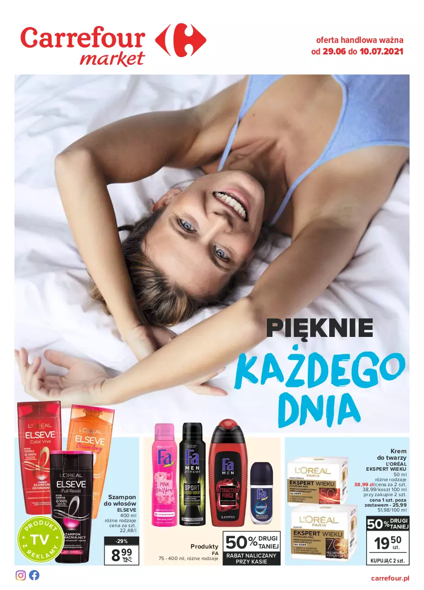 Gazetka promocyjna Carrefour - Gazetka Pięknie każdego dnia - ważna 28.06 do 10.07.2021 - strona 1 - produkty: Elseve, Fa, Kosz, Krem do twarzy, L’Oréal, Szampon