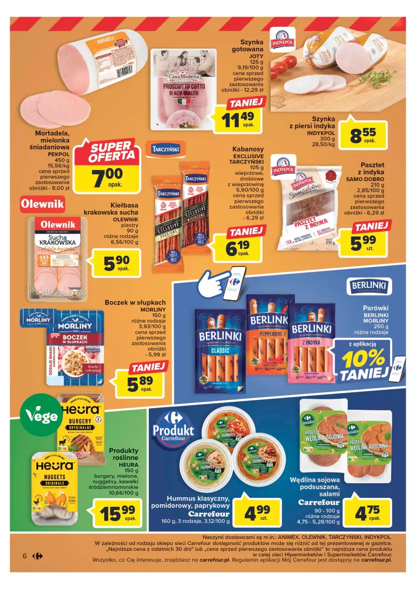 Gazetka promocyjna Carrefour - Gazetka Targ świeżości - ważna 17.04 do 22.04.2023 - strona 6 - produkty: Berlinki, Boczek, Danio, Hummus, Kabanos, Kiełbasa, Morliny, Mus, Olewnik, Pasztet, Por, Salami, Szynka, Tarczyński, Wędlina