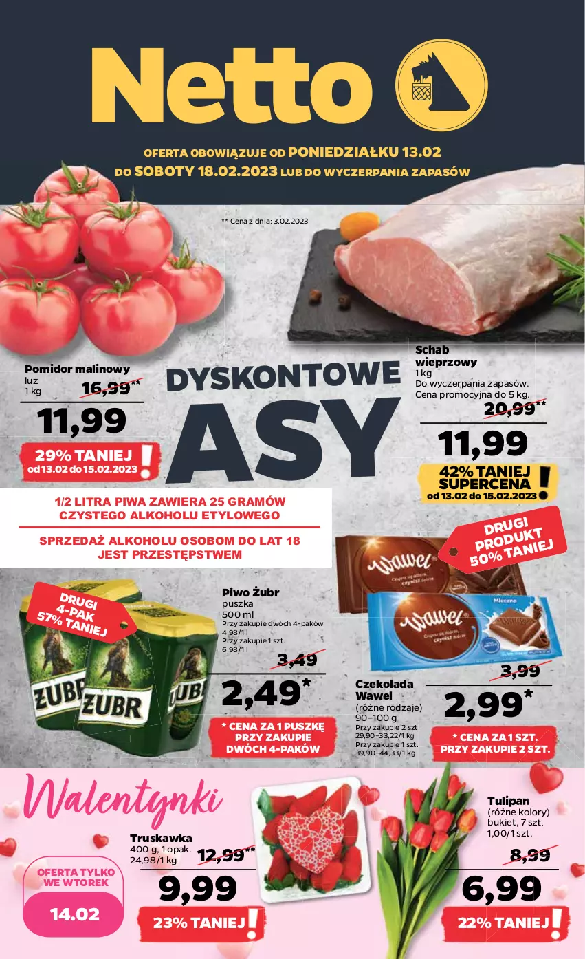 Gazetka promocyjna Netto - Artykuły spożywcze - ważna 13.02 do 18.02.2023 - strona 1 - produkty: Bukiet, Czekolada, Gra, Piwa, Piwo, Pomidor malinowy, Schab wieprzowy, Tulipan, Wawel