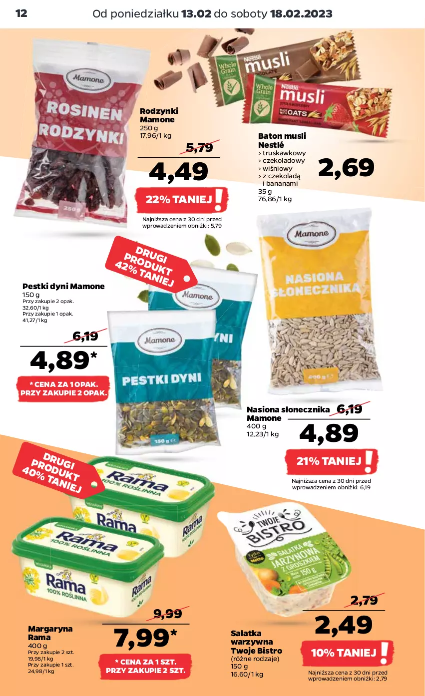 Gazetka promocyjna Netto - Artykuły spożywcze - ważna 13.02 do 18.02.2023 - strona 12 - produkty: Baton, Margaryna, Mus, Nestlé, Pestki dyni, Rama, Rodzynki, Sałat, Sałatka, Sałatka warzywna