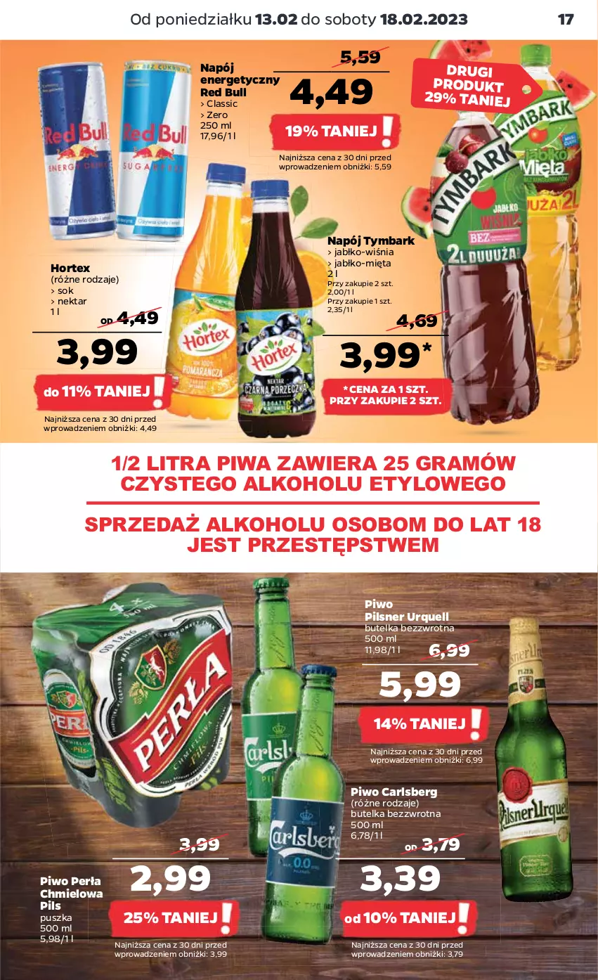 Gazetka promocyjna Netto - Artykuły spożywcze - ważna 13.02 do 18.02.2023 - strona 17 - produkty: Carlsberg, Gra, Hortex, Mięta, Napój, Napój energetyczny, Nektar, Perła, Pilsner Urquell, Piwa, Piwo, Red Bull, Sok, Tymbark