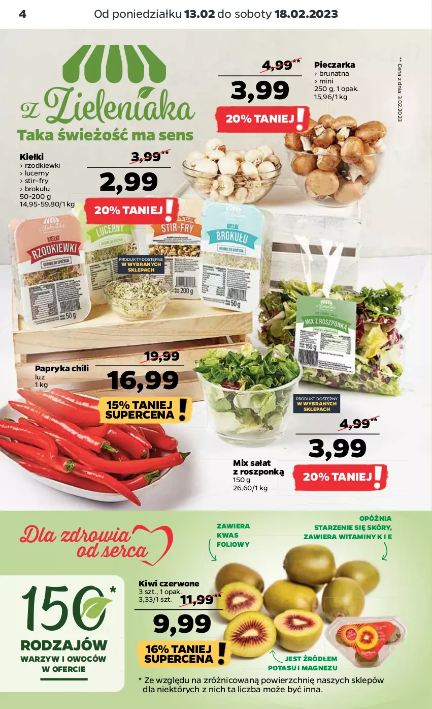 Gazetka promocyjna Netto - Artykuły spożywcze - ważna 13.02 do 18.02.2023 - strona 4 - produkty: Kiełki, Kiwi, Magnez, Papryka, Piec, Pieczarka, Sałat, Ser