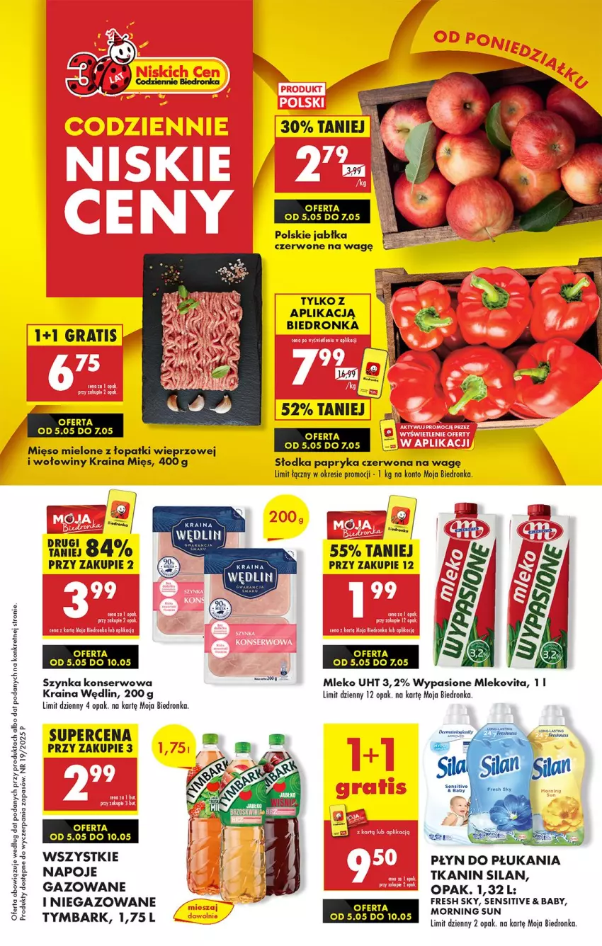 Gazetka promocyjna Biedronka - Od Poniedziałku - ważna 05.05 do 10.05.2025 - strona 1 - produkty: Gra, Jabłka, Kret, Mięso, Mięso mielone, Mięso mielone z łopatki wieprzowej, Mleko, Mlekovita, Napoje, Papryka, Papryka czerwona, Płyn do płukania, Ser, Silan, Szynka, Szynka konserwowa, Tymbark