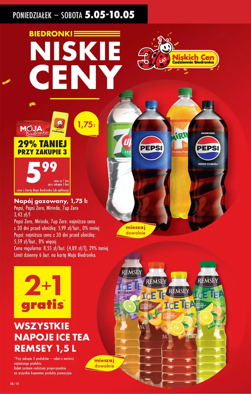 Gazetka promocyjna Biedronka - Od Poniedziałku - ważna 05.05 do 10.05.2025 - strona 10 - produkty: 7up, Ice tea, Mirinda, Napój, Napój gazowany, Napoje, Pepsi, Por