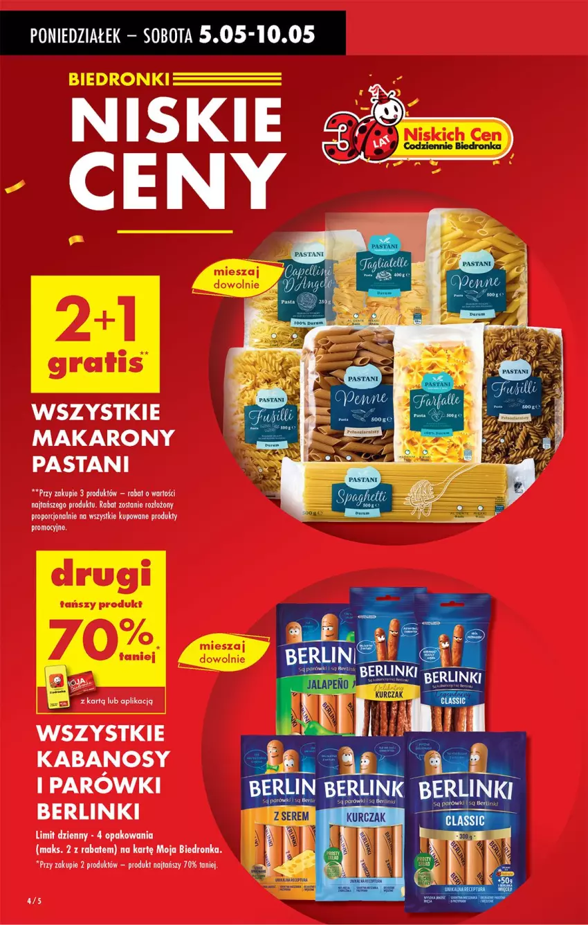 Gazetka promocyjna Biedronka - Od Poniedziałku - ważna 05.05 do 10.05.2025 - strona 4 - produkty: Berlinki, Kabanos, Makaron, Parówki, Por