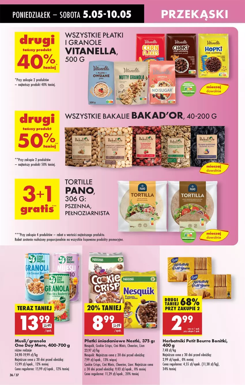 Gazetka promocyjna Biedronka - Od Poniedziałku - ważna 05.05 do 10.05.2025 - strona 43 - produkty: Bonitki, Cheerios, Cini Minis, Danio, Gra, Granola, Herbatniki, Herbatniki Petit Beurre, Lion, Mus, Nesquik, Por, Tortilla