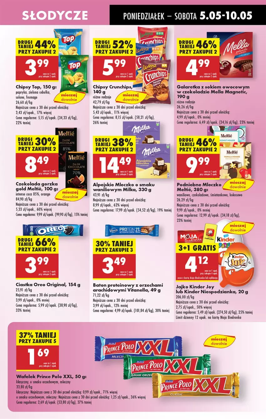 Gazetka promocyjna Biedronka - Od Poniedziałku - ważna 05.05 do 10.05.2025 - strona 44 - produkty: Baton, Chipsy, Ciastka, Crunchips, Czekolada, Czekolada gorzka, Fa, Gala, Galaretka, Gin, Gra, Kinder, Kokos, Milka, Mleczko, Oreo, Papryka, Prince Polo, Sok, Top, Wafelek