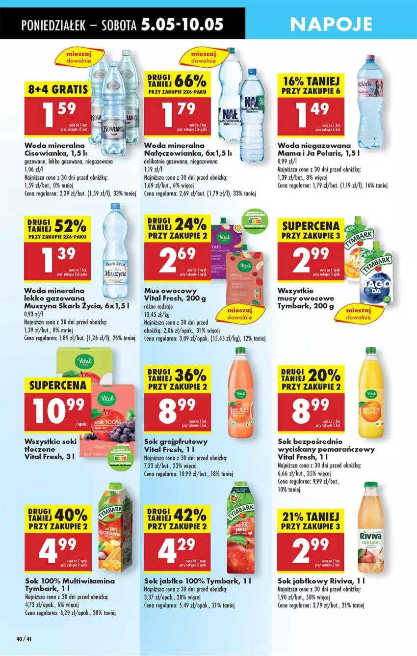 Gazetka promocyjna Biedronka - Od Poniedziałku - ważna 05.05 do 10.05.2025 - strona 50 - produkty: Alkomat, Cisowianka, Grejpfrut, Leon, Mus, Napoje, Olej, Por, Sok, Szyna, Tymbark, Woda, Woda mineralna, Woda niegazowana