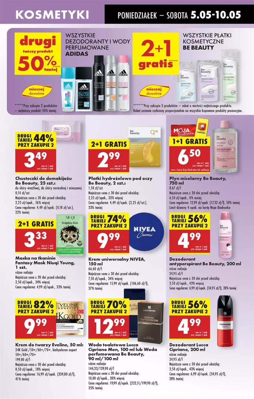 Gazetka promocyjna Biedronka - Od Poniedziałku - ważna 05.05 do 10.05.2025 - strona 55 - produkty: Adidas, AEG, Antyperspirant, Be Be, Brie, Chusteczki, Dezodorant, Eveline, Fa, Fanta, Gra, Krem do twarzy, Krem uniwersalny, Makijaż, Maska, Niuqi, Nivea, Nuty, Perfum, Płatki kosmetyczne, Płyn micelarny, Por, Woda, Woda perfumowana, Woda toaletowa
