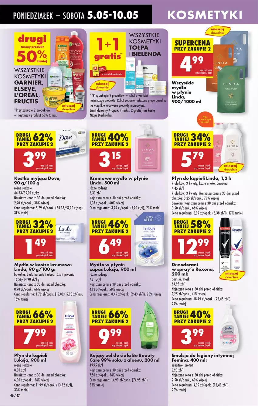Gazetka promocyjna Biedronka - Od Poniedziałku - ważna 05.05 do 10.05.2025 - strona 56 - produkty: Be Be, Bielenda, Dove, Emulsja, Fructis, Garnier, Gra, Herbata, Kostka myjąca, Luksja, Mleko, Mydło, Mydło w płynie, Olej, Piwo, Płyn do kąpieli, Por, Rexona, Róża, Sok, Tołpa, Wełna