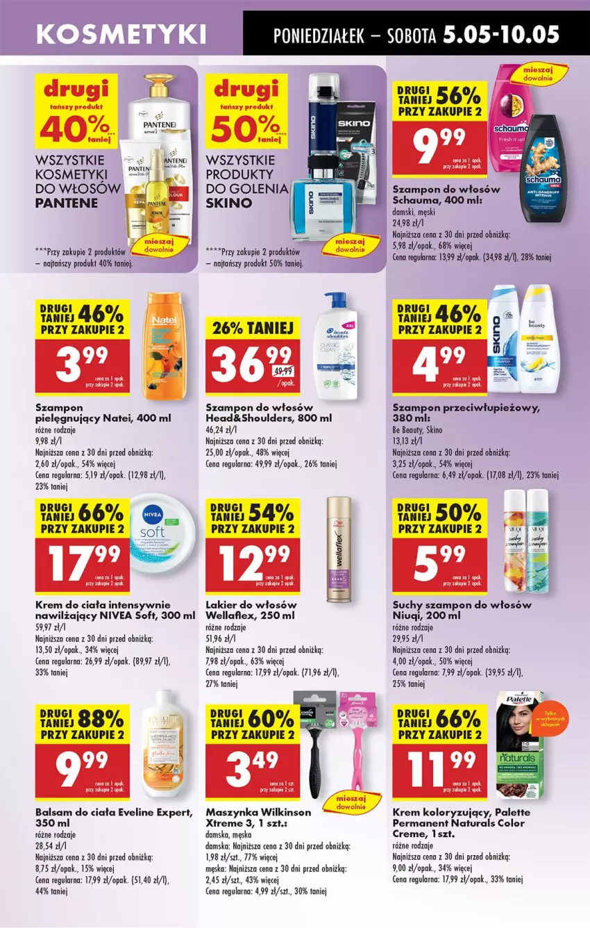Gazetka promocyjna Biedronka - Od Poniedziałku - ważna 05.05 do 10.05.2025 - strona 57 - produkty: Balsam do ciała, Be Be, Color Creme, Eveline, Fa, Krem do ciała, Lakier, Lakier do włosów, Maszynka, Niuqi, Nivea, Palette, Pantene, Schauma, Suchy szampon, Szampon, Szynka, Wella, Wellaflex