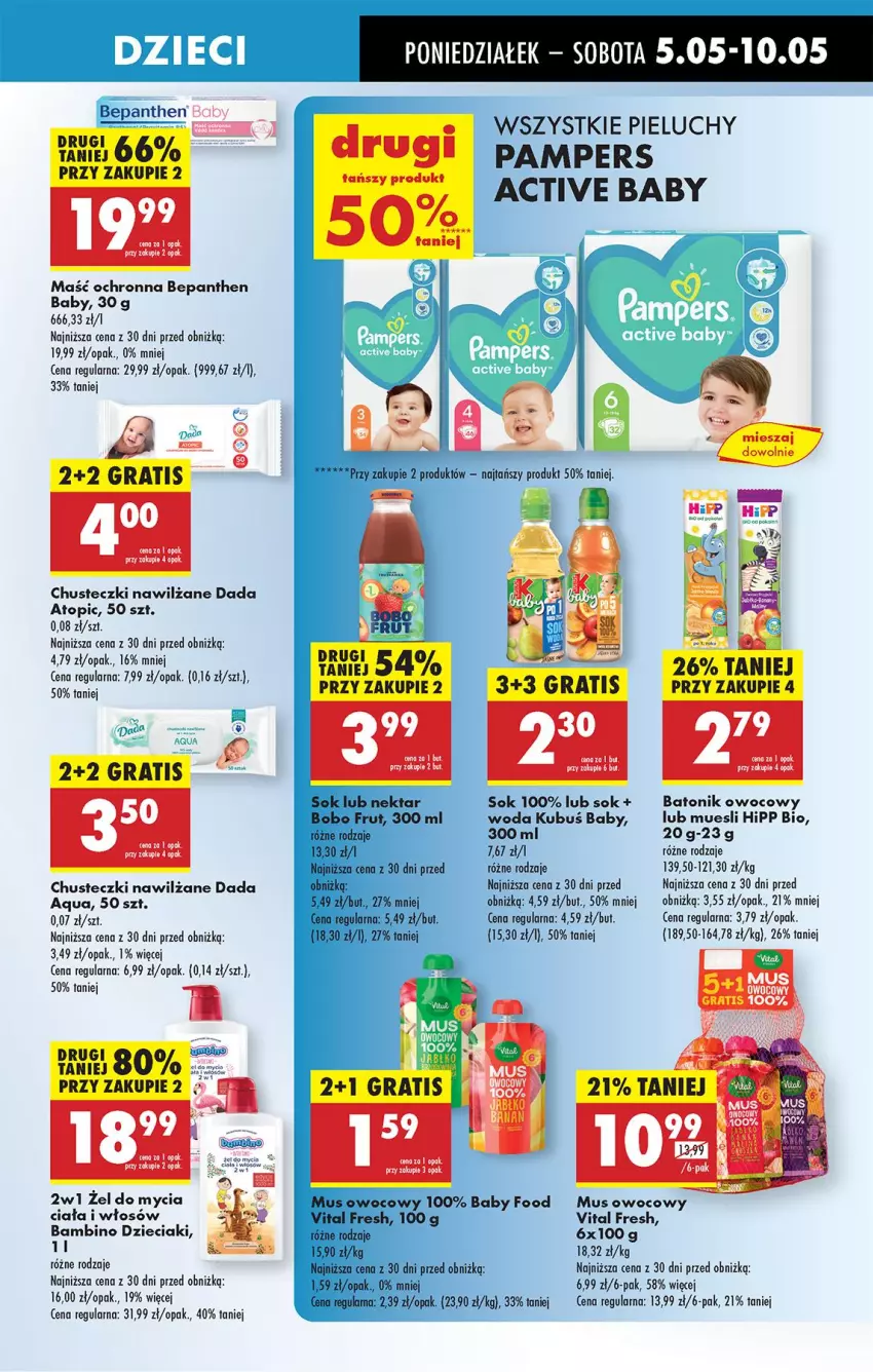 Gazetka promocyjna Biedronka - Od Poniedziałku - ważna 05.05 do 10.05.2025 - strona 58 - produkty: Baton, Bepanthen, Chusteczki, Chusteczki nawilzane, Dada, Dzieci, Gra, Hama, HiPP, Hipp Bio, Kubuś, Leon, Mus, Nektar, Pampers, Pieluchy, Por, Sok, Tonik, Top, Woda
