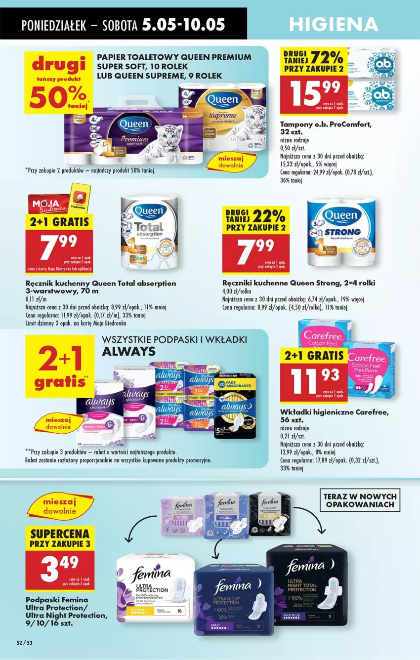 Gazetka promocyjna Biedronka - Od Poniedziałku - ważna 05.05 do 10.05.2025 - strona 62 - produkty: Always, Carefree, Fa, Gra, O.B., Papier, Podpaski, Por, Ręcznik, Ręcznik kuchenny, Rolki, Tampony, Tera, Wkładki